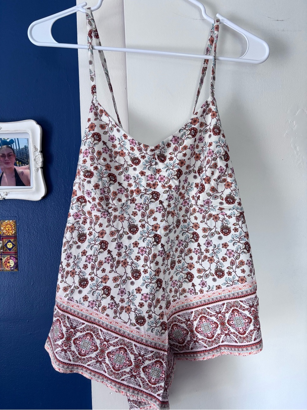 No Boundaries White Floral Spaghetti Strap Cami with Burgundy Accents
